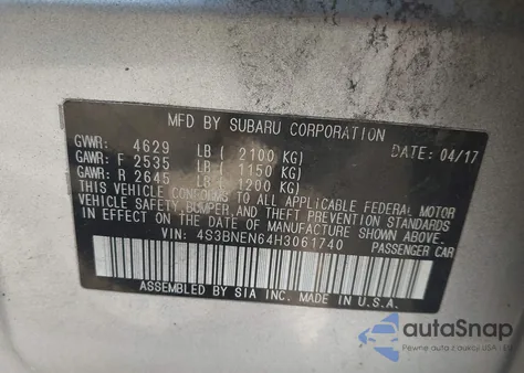 2017 Subaru Legacy 3.6R Limited from USA, damaged, VIN 4S3BNEN64H3061740